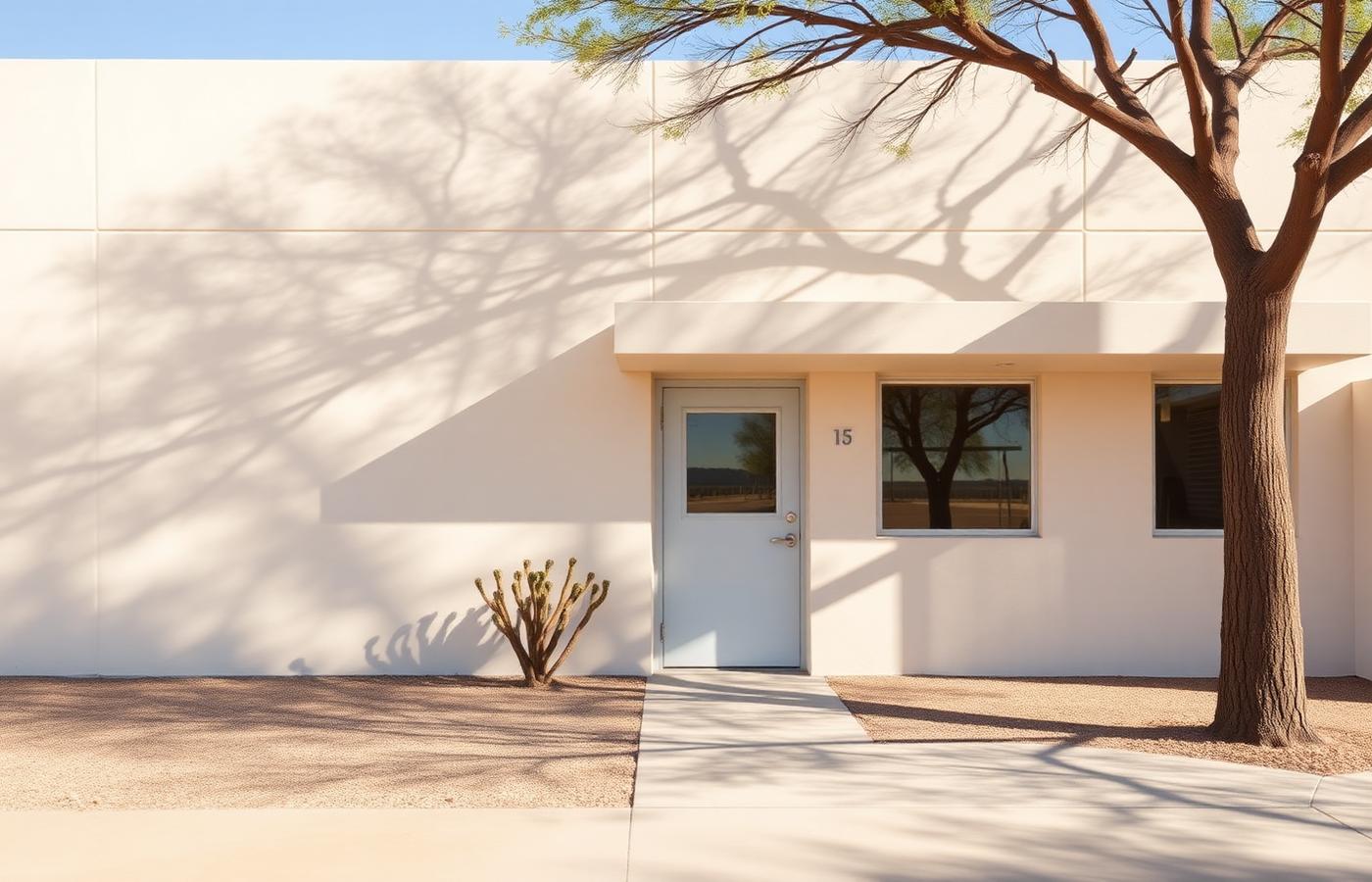 A sunlit low desert clinic building in Arizona with tree shadows across pale stucco