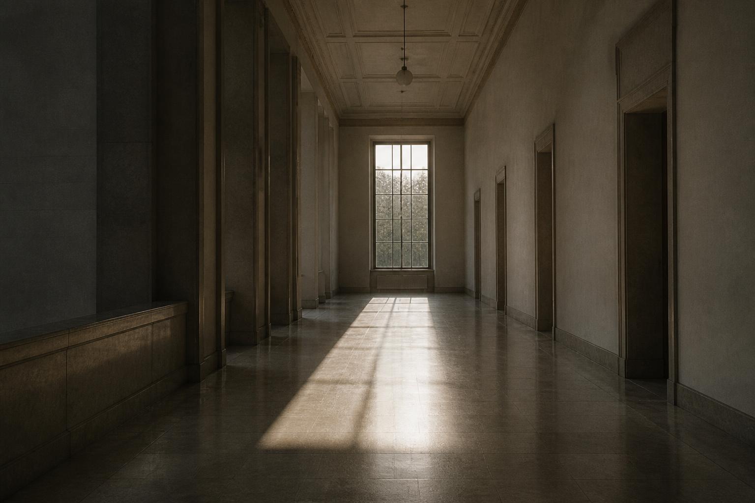 A wide empty corridor in an institutional building with late afternoon light entering from a tall window at the far end and falling in a long pale rectangle across a polished stone floor.