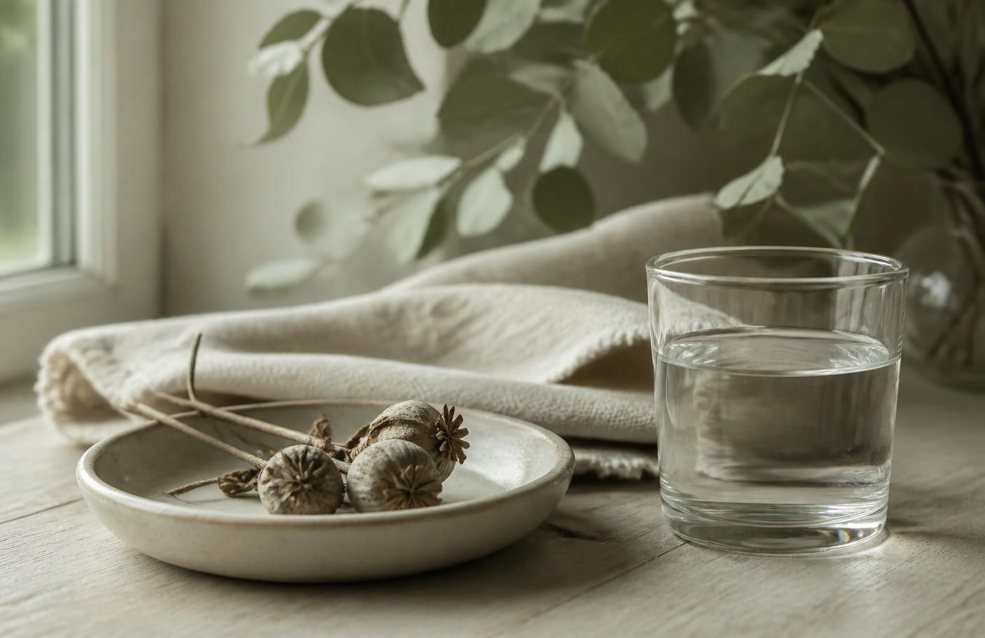 A quiet still life on a pale wooden surface in soft morning light: a shallow ceramic dish holding dried seed pods, a folded length of unbleached linen, and a plain glass of water catching the window.