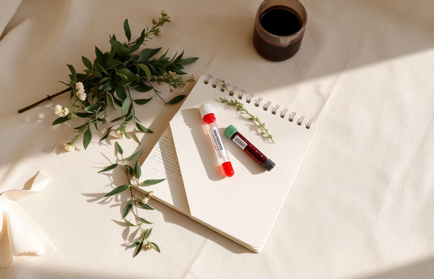 A notebook, blood test vials and herbs on a bone linen desk in morning light