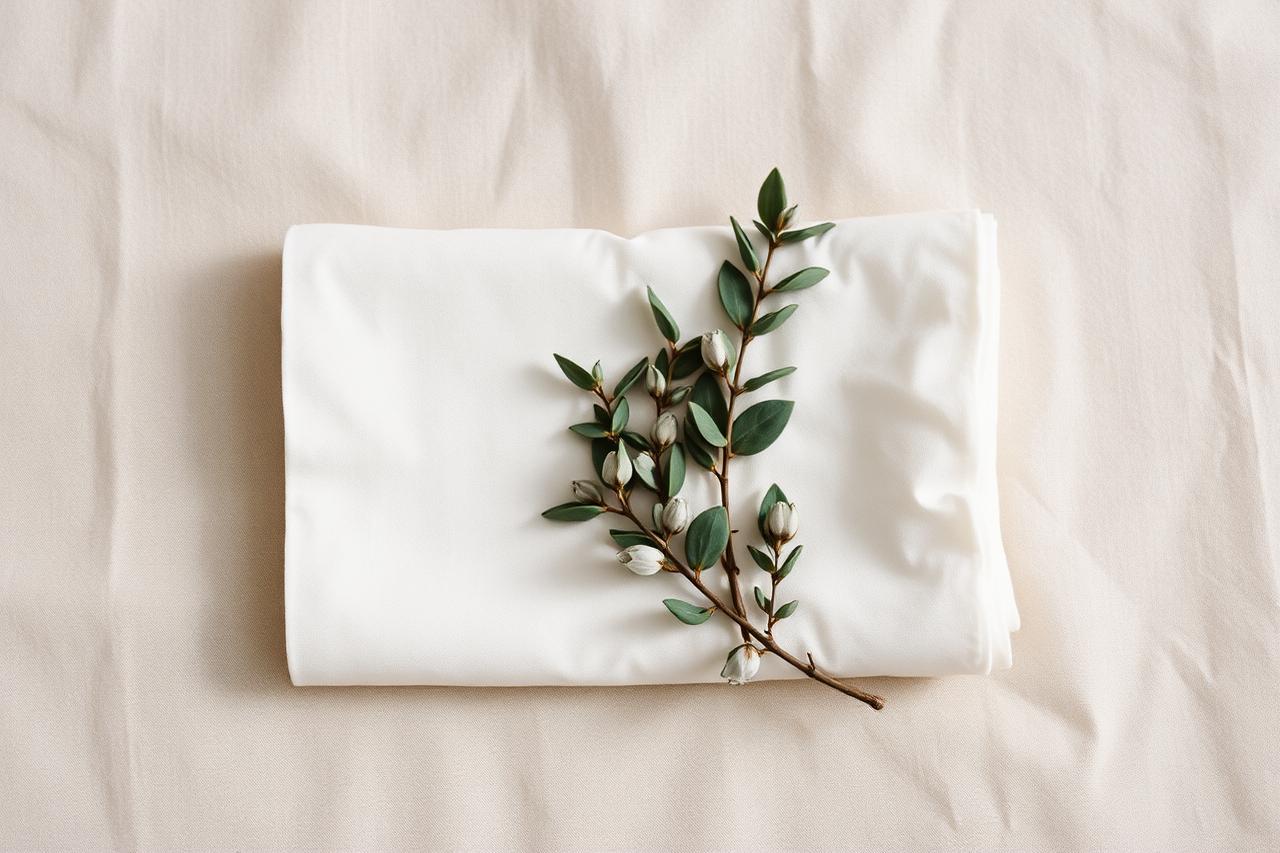 Folded white cloth and a eucalyptus sprig on warm bone linen in soft daylight