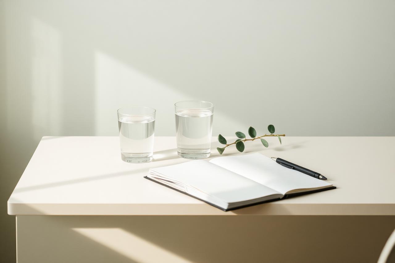 A quiet clinic consultation desk in soft daylight with an open notebook and a sprig of eucalyptus