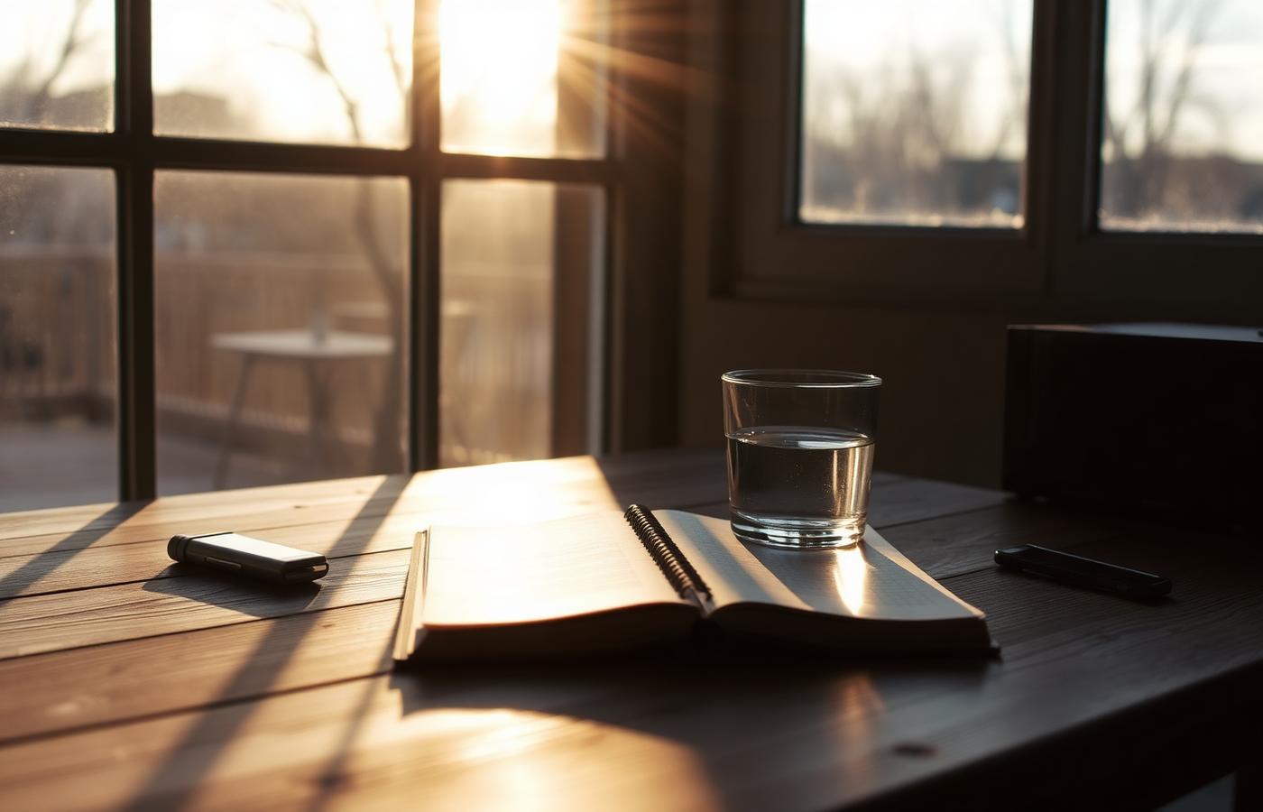 Morning sunlight falling across a wooden desk with an open notebook and a glass of water