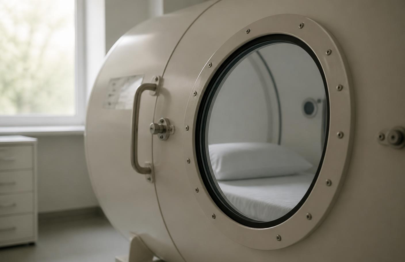 The round porthole window of a hyperbaric chamber in a quiet clinical room.