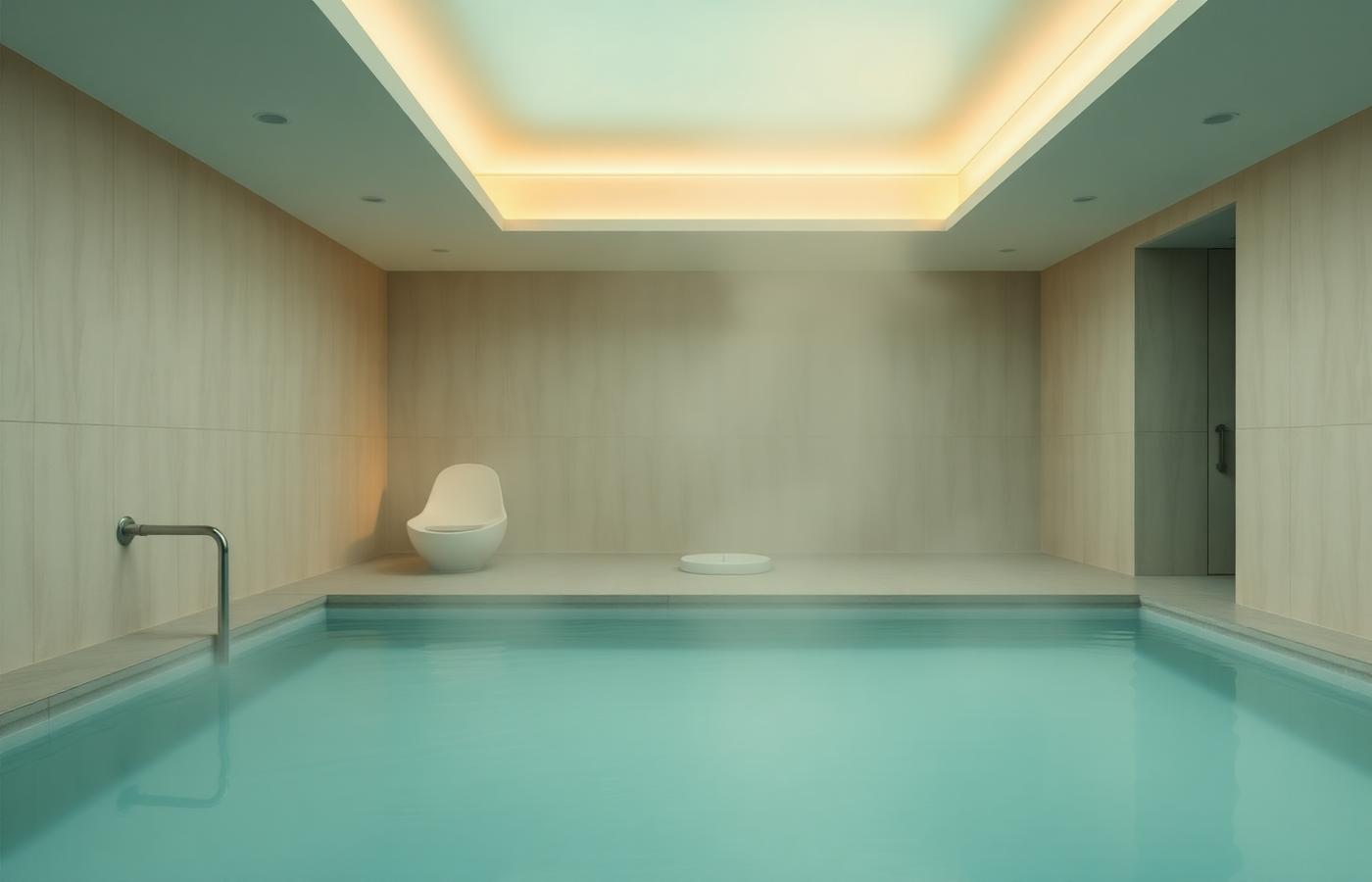 A minimal clinical hydrotherapy room with soft steam and warm light