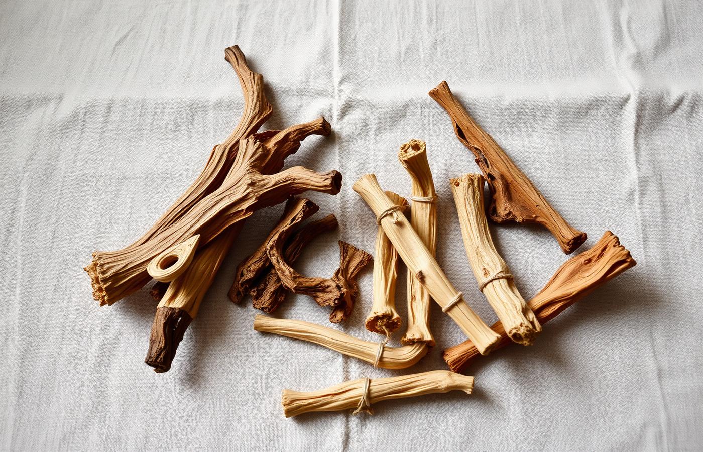 Dried iboga root bark arranged on pale linen