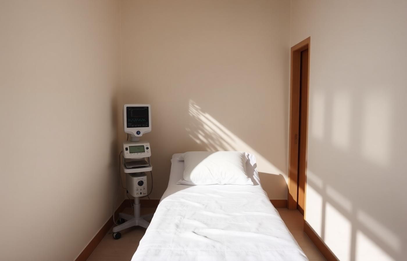 A quiet coastal clinic room with a white linen bed and a cardiac monitor beside it
