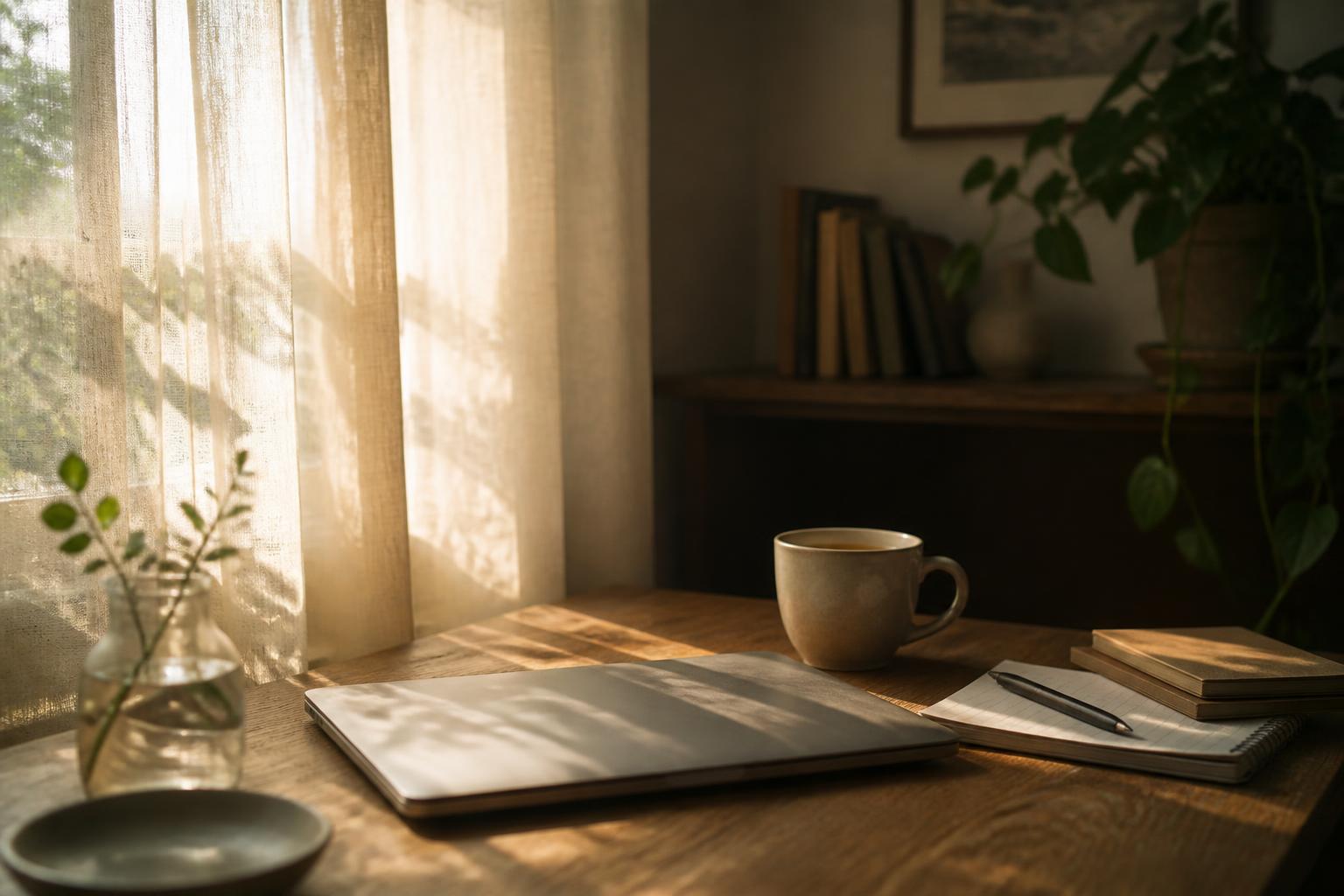 A quiet home office at dawn, sunlight filtering through sheer linen curtains onto a closed laptop and a half-finished cup of tea on a wooden desk.