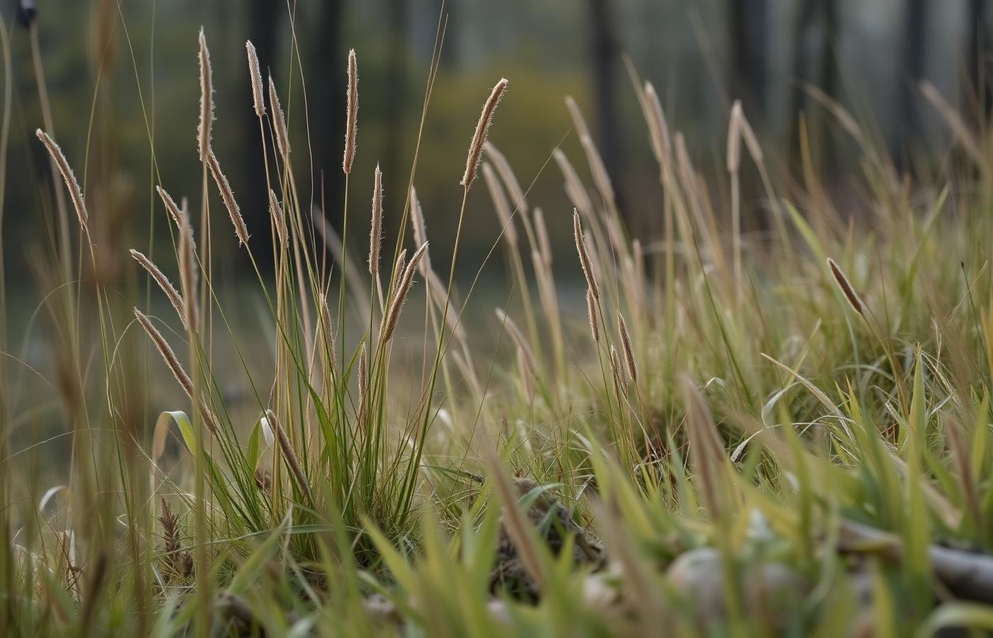 Tall grass at the edge of woodland in soft morning haze, typical tick habitat