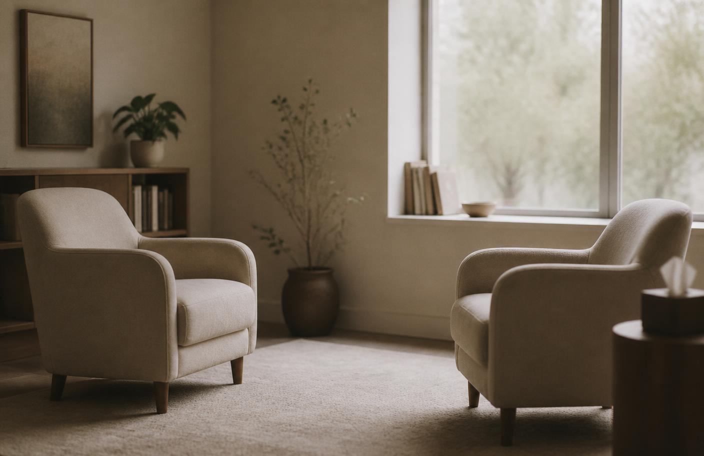 An empty therapy room with two chairs facing each other in soft daylight.