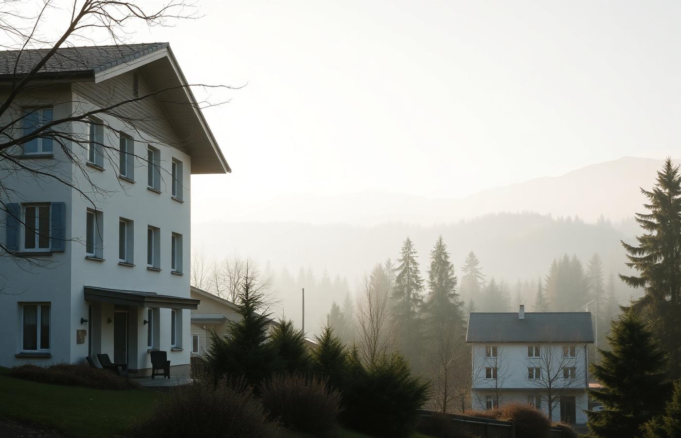 A quiet clinic building in a misty Bavarian valley with pine trees and distant hills