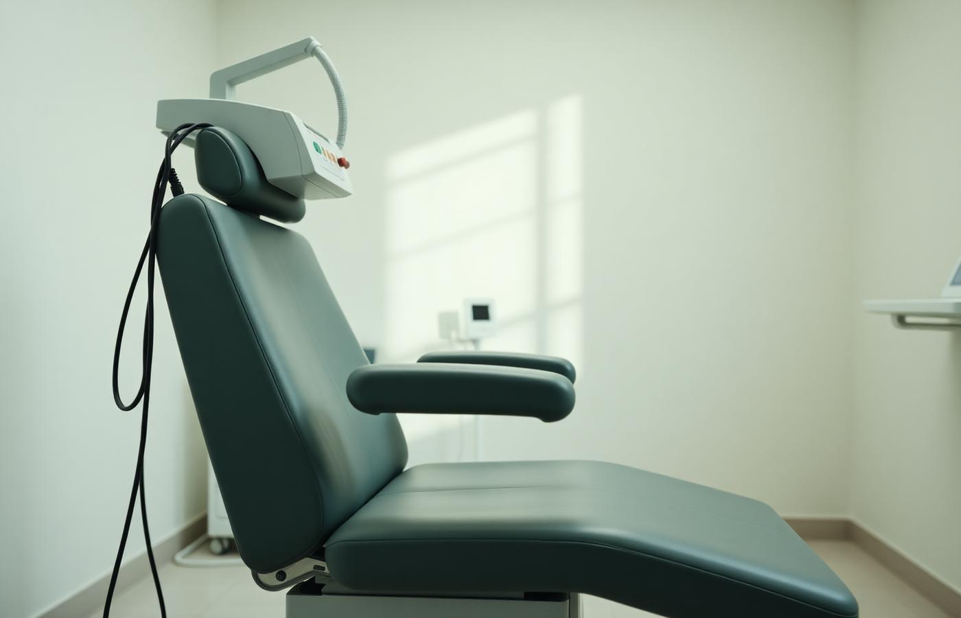 A transcranial magnetic stimulation chair with its coil arm in a bright minimal clinic room