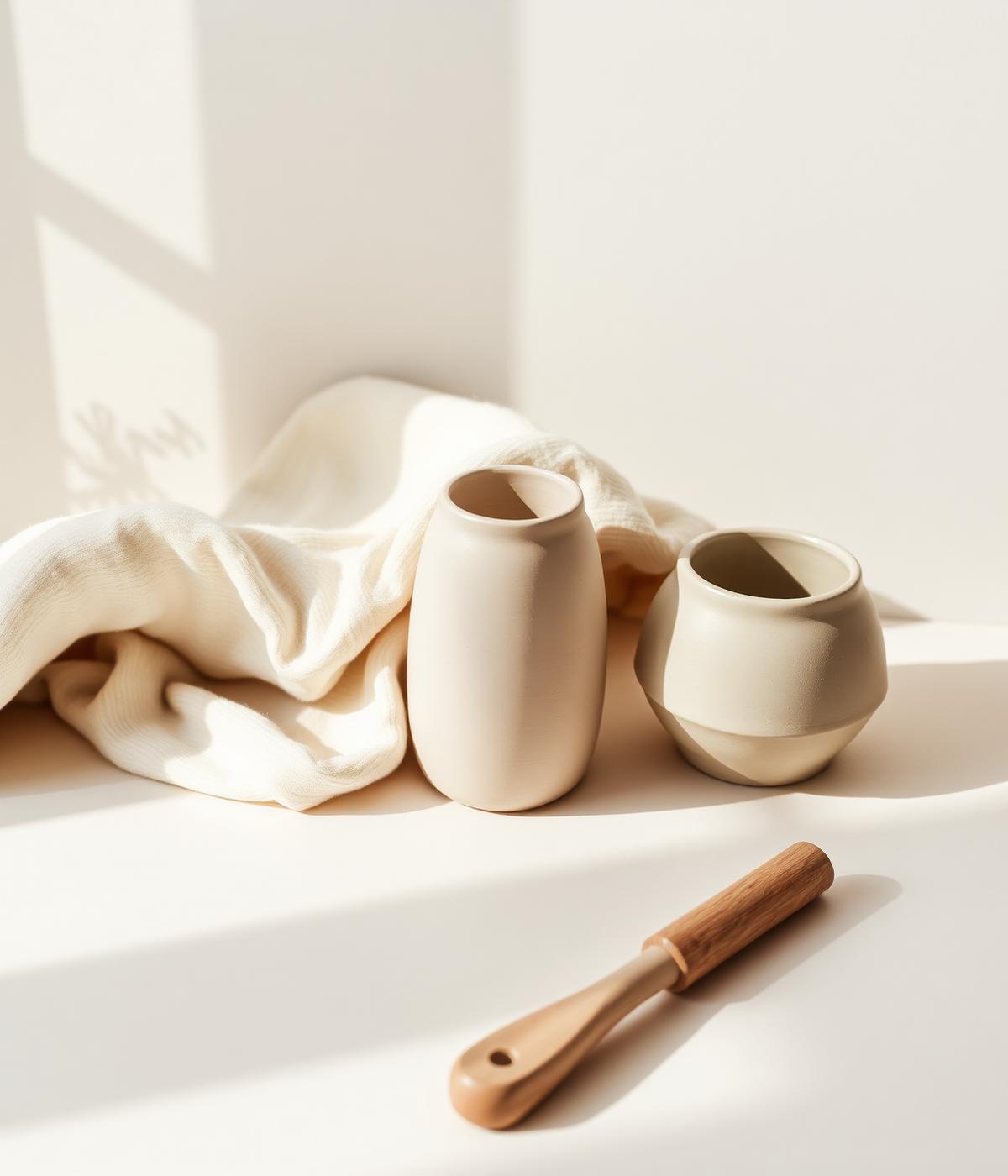 Folded linen, ceramic vessels and a wooden recovery tool in soft natural daylight.